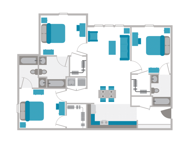 A 3D image of the 3BR/3BA floorplan, a 1202 squarefoot, 3 bed / 3 bath unit